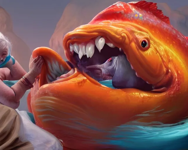 Image similar to of a very beautiful scene. ambient occlusion render. a sweet fat old woman is giving birth to a huge colorful fish. hyper realistic. 4 k. wide angle. red mouth, blue eyes. deep focus, lovely scene. ambient occlusion render. concept art. unreal engine.