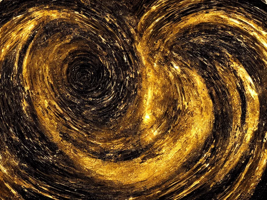 Image similar to a stream of fluid gold swirling into a black whole, wide angle perspective, 8 k, hyperrealism, 3 d animation, big depth of field