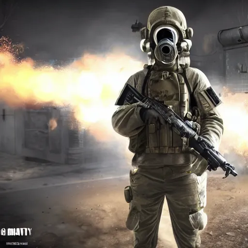Image similar to Tactical soldier wearing gas mask and holding machine gun, call of duty, tactical, soldier, 8k, ultra hd, perfect light