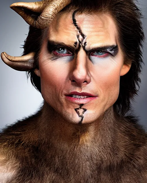 Image similar to actor Tom Cruise in Elaborate Pan Satyr Goat Man Makeup and prosthetics designed by Rick Baker, Hyperreal, Head Shots Photographed in the Style of Annie Leibovitz, Studio Lighting