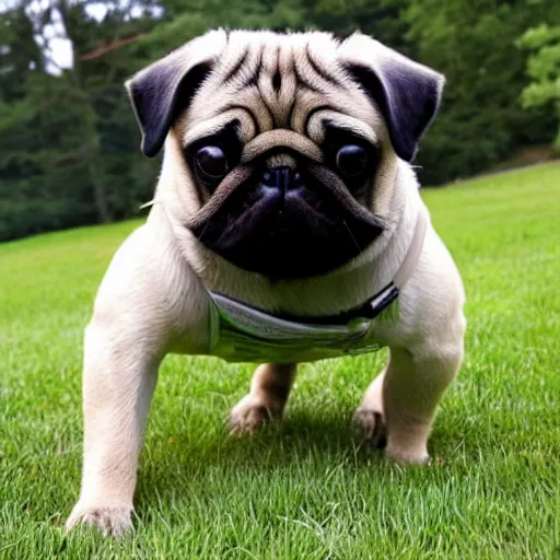 Prompt: a pug whose legs have been replaced with human legs, photo