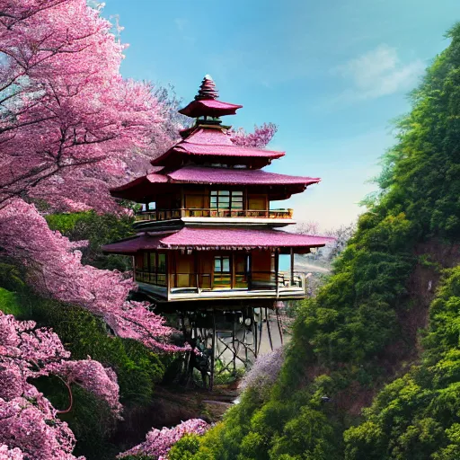 Prompt: fancy pagoda styled treehouse mansion on cliff overlooking terraced fields and pink cherry blossom trees, detailed luminescent painting 4 k