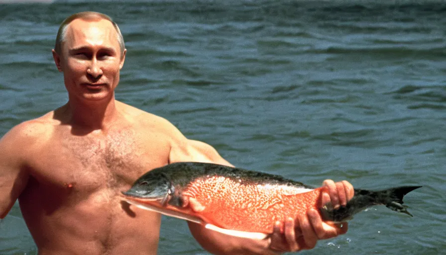 Image similar to 7 0 s movie still of putin in speedo, proudly holding a salmon, focus on face. cinestill 8 0 0 t _ 3 5 mm eastmancolor, heavy grain, high quality, high detail