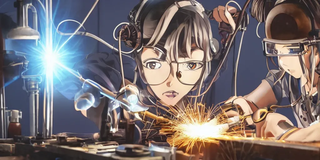 Prompt: Anime key visual of a steampunk girl welding metal in her workshop, official media