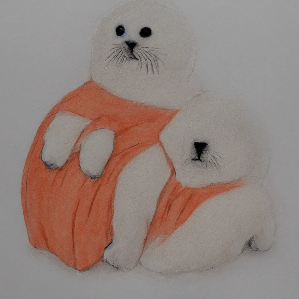 Image similar to one baby harp seal in an orange jumpsuit, sitting at the witness stand, courtroom sketch