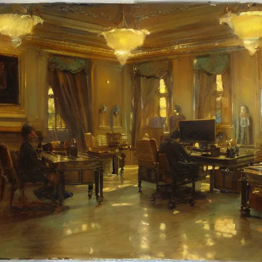 Image similar to detailed cinematic wide shot of sucession interior design corporate office spring light, painting by gaston bussiere, craig mullins, j. c. leyendecker