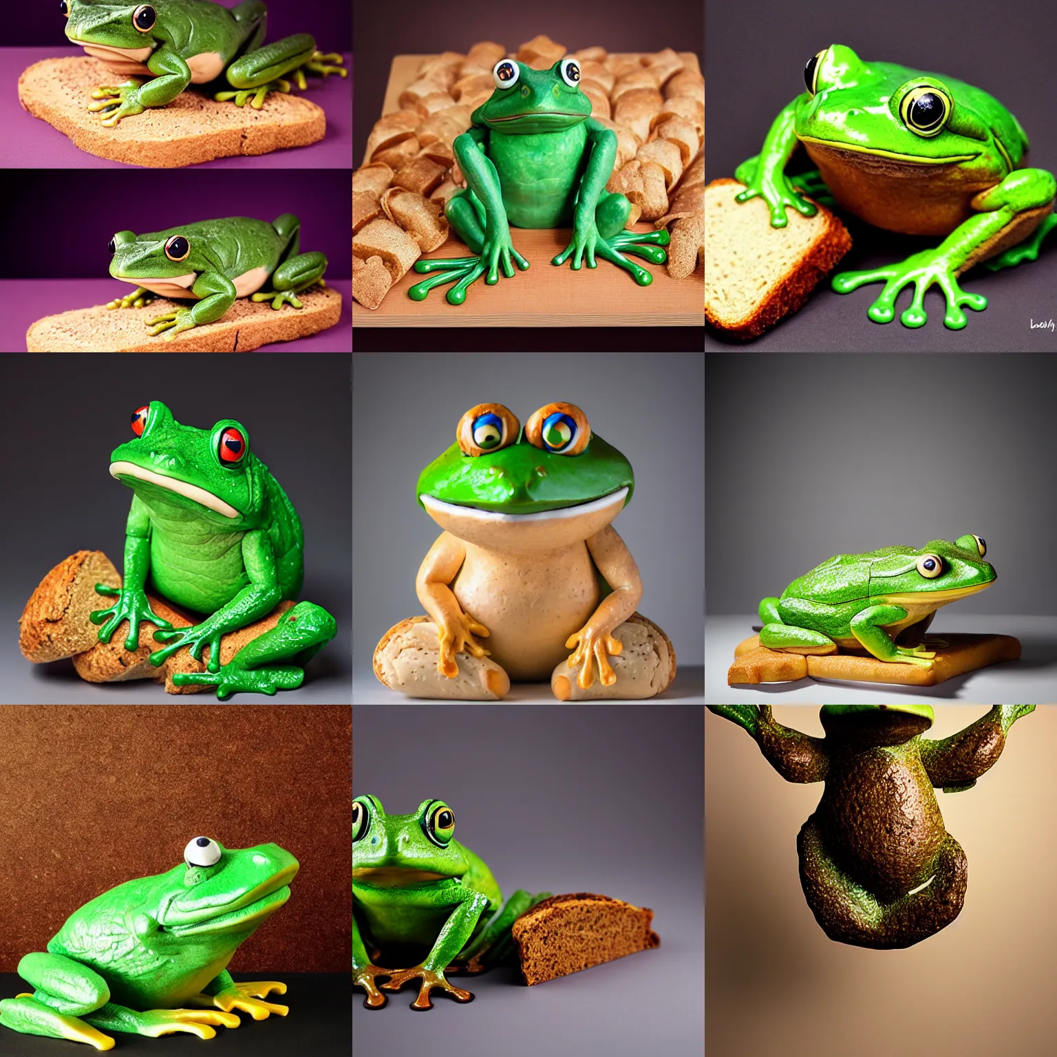 Prompt: an edible frog sculpture! made entirely out of bread, food photography, studio lighting, delicious