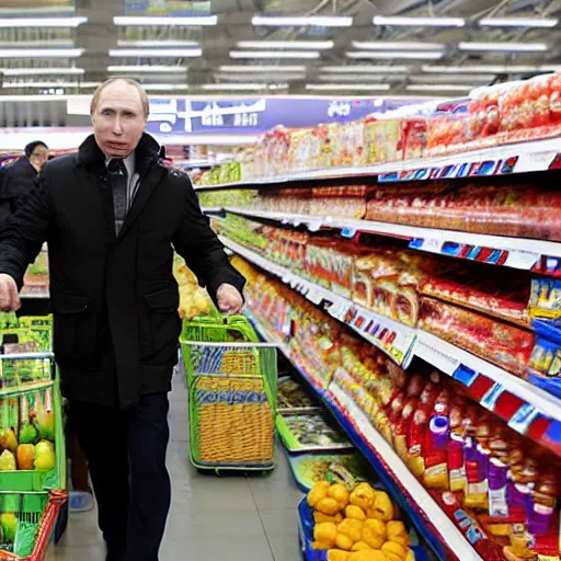 Image similar to Vladimir Putin Super Market, 8k, journalistic photo