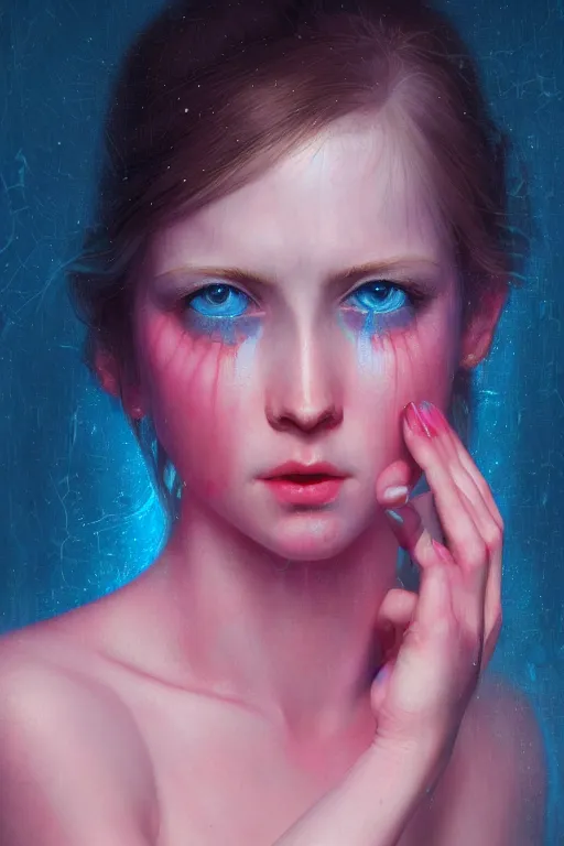 Prompt: close up on deep blue eyes crying, a very pale skinned girl, neon pink tears, dramatic lighting, highly detailed, intricate, sharp focus, subsurface scattering, art by caravaggio, greg rutkowski, thomas kindkade, ruan jia, norman rockwell, tom bagshaw.