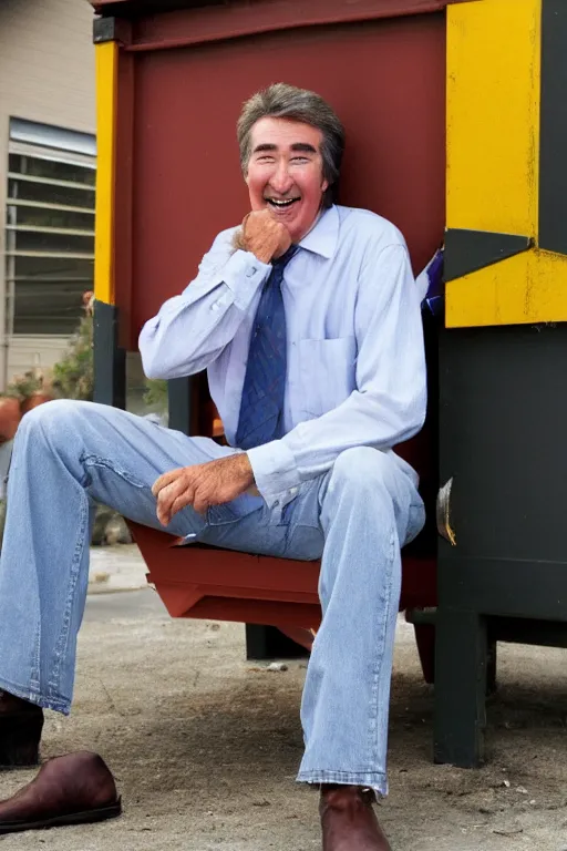 Image similar to randy mantooth laughing sitting in a dumpster drinking beer