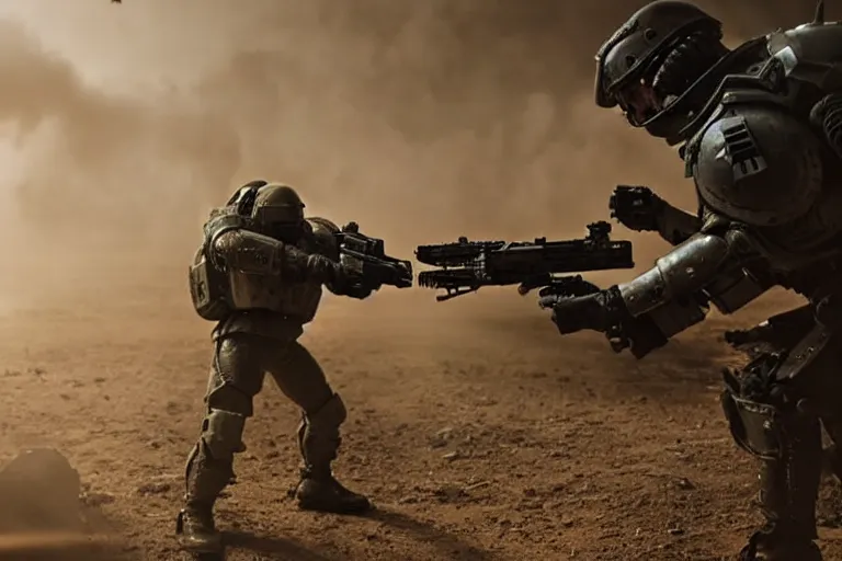 Image similar to VFX movie of a futuristic spacemarine in war zone, shooting gun natural lighting by Emmanuel Lubezki