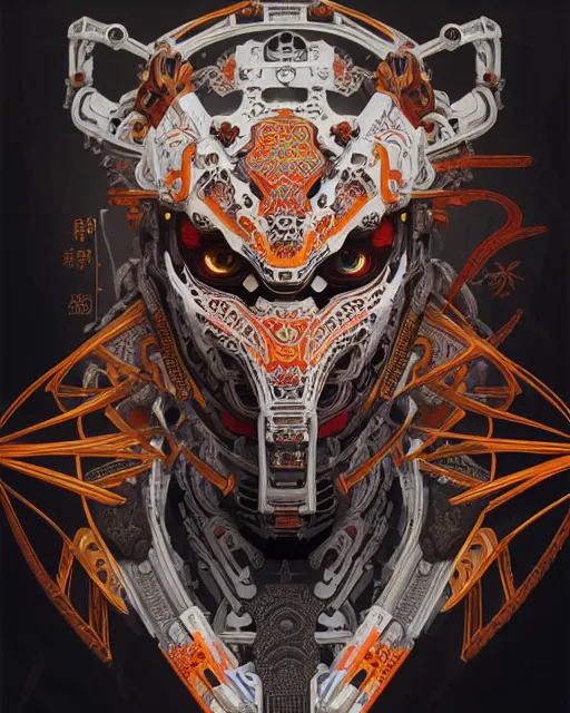 Image similar to portrait of a machine from horizon zero dawn, machine face, upper body, decorated with chinese opera motifs, asian, traditional chinese art, intricate, elegant, highly detailed, digital painting, artstation, concept art, smooth, sharp focus, illustration, art by artgerm and greg rutkowski and alphonse mucha, 8 k