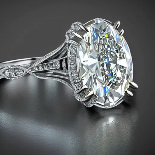 Image similar to photo of engagement ring with two diamonds outside and one in the middle, realistic, hyper detailed, concept art, victorian, multiple angles