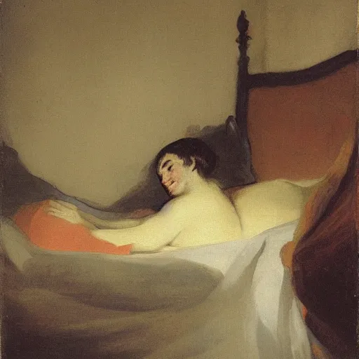 Prompt: Francisco Goya painting of Liv Sage lounging in her bedroom, candlelit, dramatic