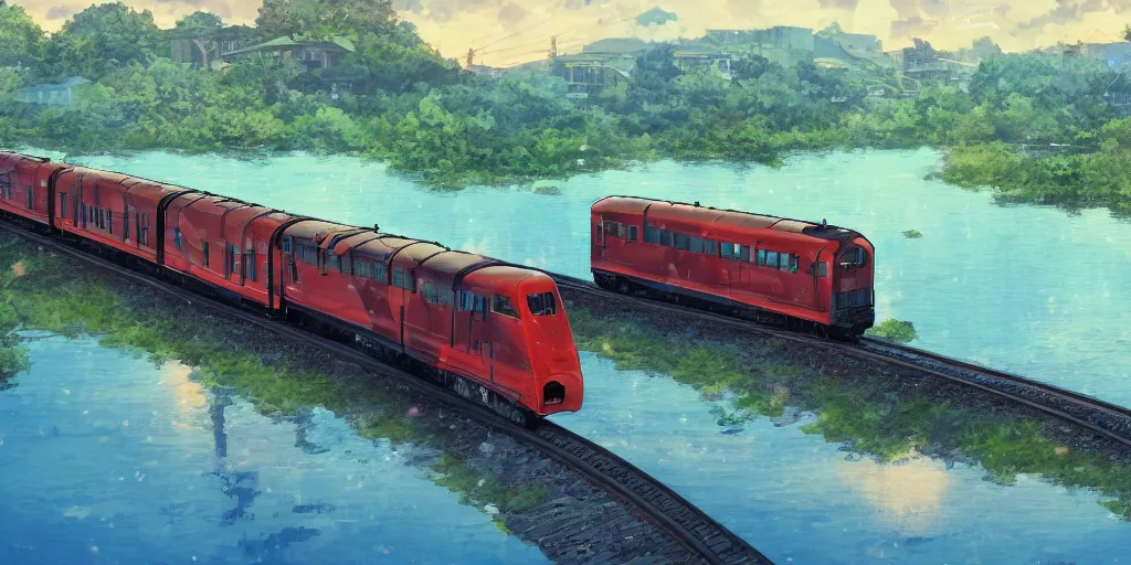 Image similar to a soviet suburban train moving on top of a lake, ultra high quality, 4 k, by miyazaki and makoto shinkai, anime screenshot, colorful, artstation, pixiv,