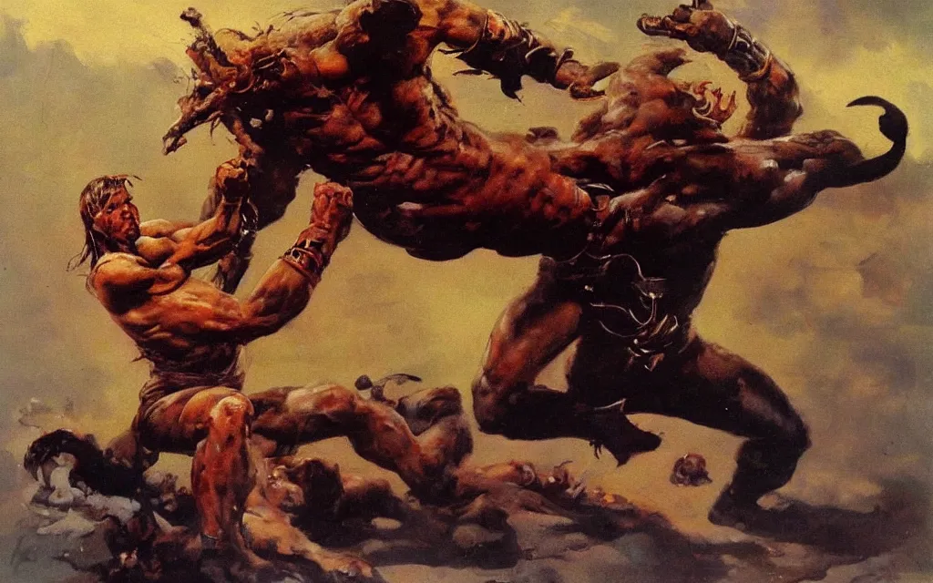 Prompt: frank frazetta painting of a brutal fight between a panther and a warrior with blond hair, oilpainting, smooth,