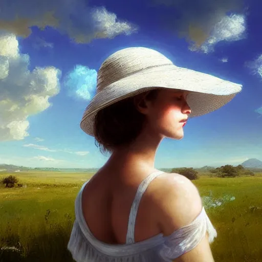 Prompt: girl in a white dress wearing sun straw hat looking at the bright blue sky with white sunny clouds digital art, highly detailed, intricate, by greg rutkowski, 8 k