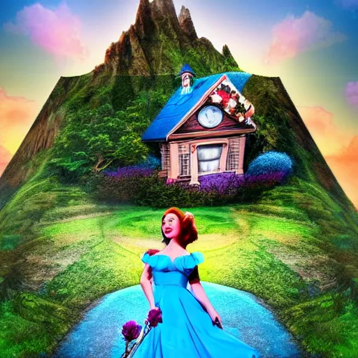 Prompt: giant alice in wonderland, pin up, houses, trees, mountains, woman, city, digital art, photo, blue dress, photoshop, flowers, colorful