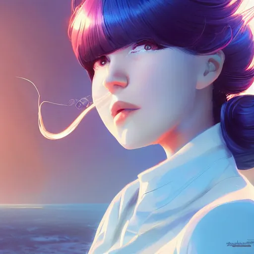 Image similar to ilya kuvshinov with long sky blue hair, gold eyes, professional digital painting, concept art, unreal engine 5, 8 k, cinematic, wlop, bubbles, tendrils in the background, art by greg rutkowski, pixiv art, junji ito, yoshitaka amano