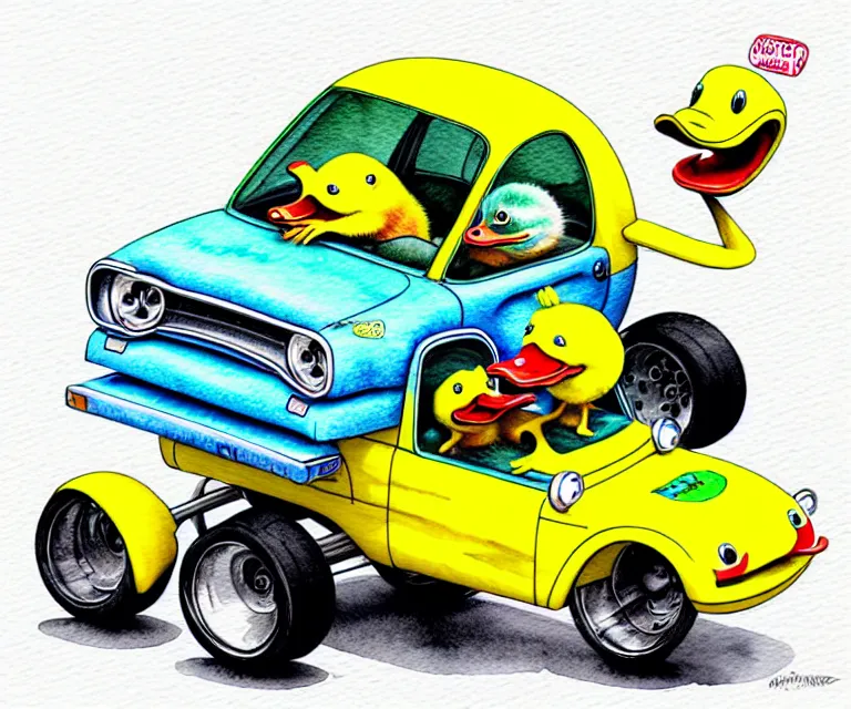 Image similar to cute and funny, duckling driving a tiny hot rod with an oversized engine, ratfink style by ed roth, centered award winning watercolor pen illustration, isometric illustration by chihiro iwasaki, edited by craola, tiny details by artgerm and watercolor girl, symmetrically isometrically centered