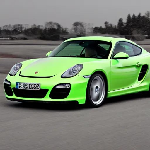 Prompt: a peridot green 2 0 1 1 porsche cayman r driving, 4 k