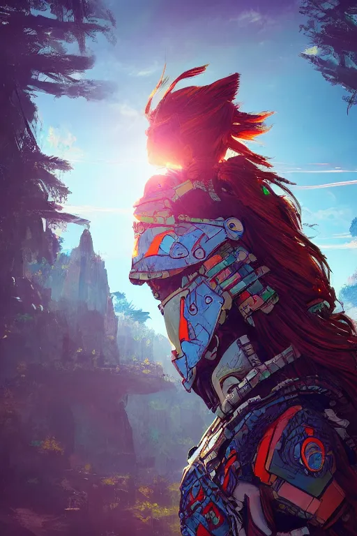 Image similar to combination suit armor aloy horizon forbidden west horizon zero dawn radiating a glowing aura global illumination ray tracing hdr fanart arstation by ian pesty and alena aenami artworks in 4 k tribal robot ninja mask helmet backpack