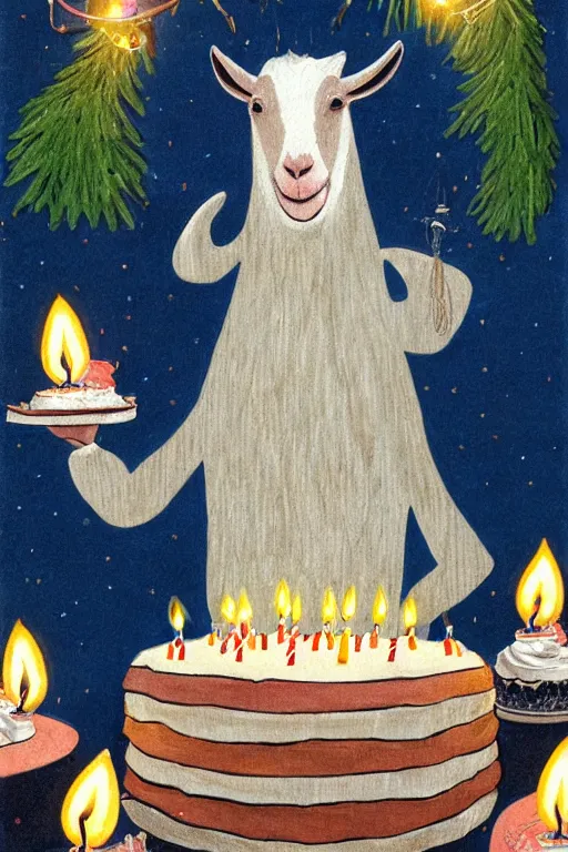 Image similar to a goat with a white beard, sitting in front of a birthday cake with many lit candles, children's book illustration by ben von strawn, highly detailed