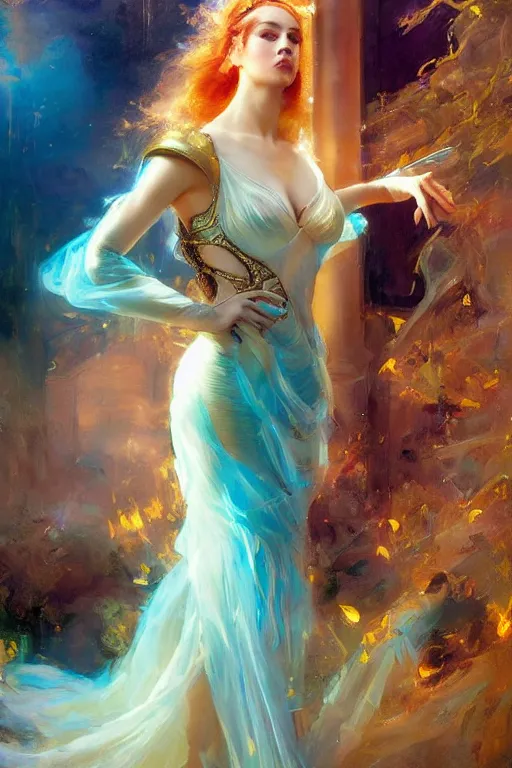 Image similar to cyberpunk beautiful girl, body golden armor, flowing gown by vladimir volegov and alexander averin and delphin enjolras and daniel f. gerhartz