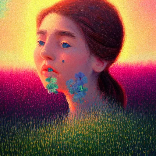 Image similar to girl with one flower as a face, in a field with flowers, hills, big trees, sunrise dramatic light, impressionist painting, colorful clouds, digital painting, pointillism, artstation, simon stalenhag