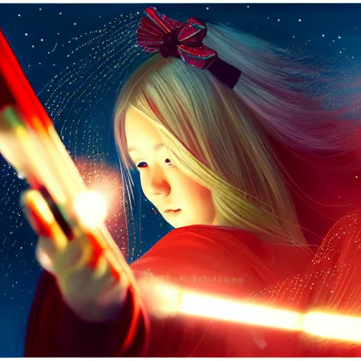 Image similar to colorful and festive captivating teenager girl with blonde hair, red japanese traditional clothes, shooting a firework with bow and arrow at the sky. rich vivid colors, ambient lighting, dynamic lighting, 4 k, atmospheric lighting, painted, intricate, highly detailed by charlie bowater