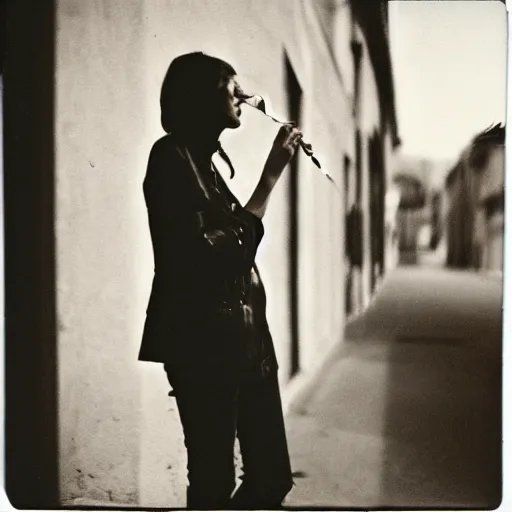 Image similar to a beautiful instant photograph of a woman smoking in the streets, polaroid, rule of thirds, light leak, raw, black clothing