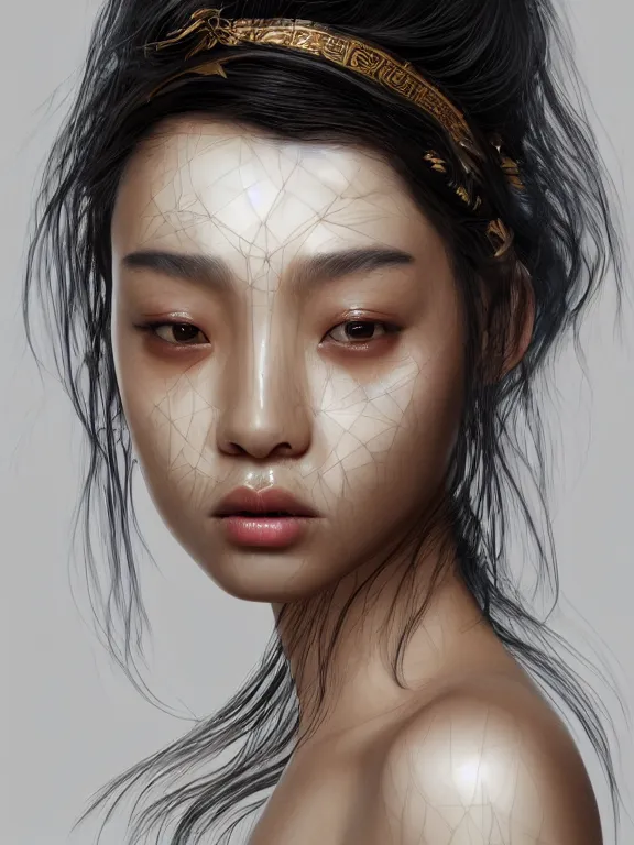Prompt: beautiful portrait of a Chinese-French mixed race female, subtropical ethnicity, ivory skin, dark brown long hair, dark brown eyes, wearing fantasy minority costume,intricate, elegant, highly detailed, dim volumetric lighting, abstract, 8k,octane,post-processing,digital painting, trending on artstation, concept art, smooth, sharp focus, illustration,by Tom Bagshaw and Daniel Gerhartz and Albert Aublet and Lawrence Alma-Tadema and alphonse mucha