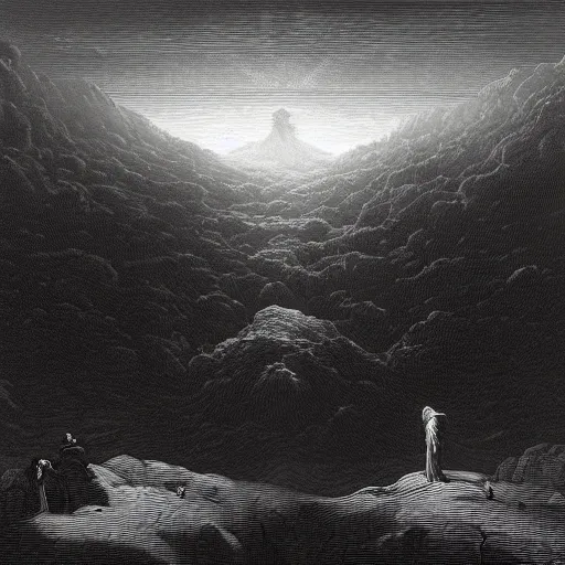 Image similar to a bleak dystopian world, divided down the middle in the vivid vaporwave style of gustave dore