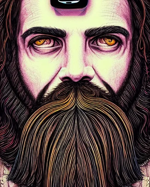 Prompt: detailed hipster skinny man with!!! vr headset!!!, long vibrant beard, dmt, by james gurney + intricate and vibrant work + portrait + trending on artstation + incredible gothic illustration + exquisite detail