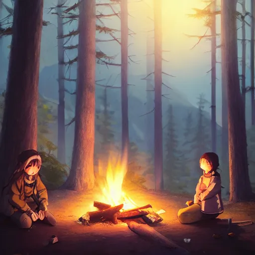 Image similar to yuru camp anime campfire hyperdetailed blue eyes, trending on artstation, cinematic lighting, highly realistically detailed, trending on pixiv , Unreal Engine 4k, detailed faces, manga cover, official anime key visual by greg rutkowski