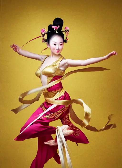 Image similar to full body portrait of a dancer throwing large ribbons, feet, barefoot, full body, vivacious, extremely beautiful, gold jewelry, hanfu, chinese ribbon dance, aerial silk, large flying ribbons, ming dynasty, detailed, realistic face, anatomically accurate, fantasy art, ghostblade, wlop.