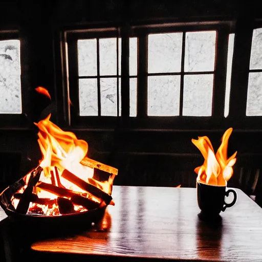 Image similar to a photograph of a big fire on a dining room on fire, only remains a wooden table and a chair (no fire at all there), an human-like relaxed dog sitting at this table, ☕ on the table, surrounded by flames, a lot of flames behind the dog, black smoke instead of the ceiling, no watermark