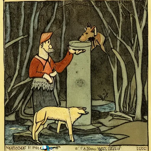 Prompt: illustration of the Aesop fable, The Wolf and the Well