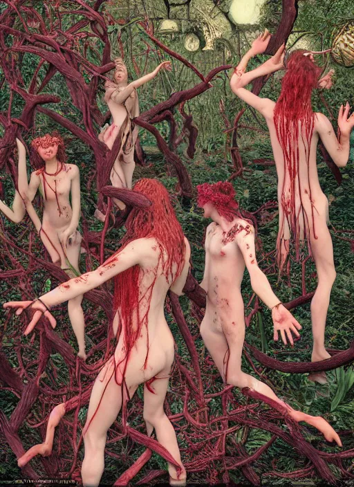 Prompt: photo of a pagan nymphs dancing with imps and demons and goats having a profound lifechanging psychedelic experience in a deep thorns bones bloody forest , by and Austin Osman Spare and Takato Yamamoto and Vania Zouravliov, high resolution, rendered in octane 3d