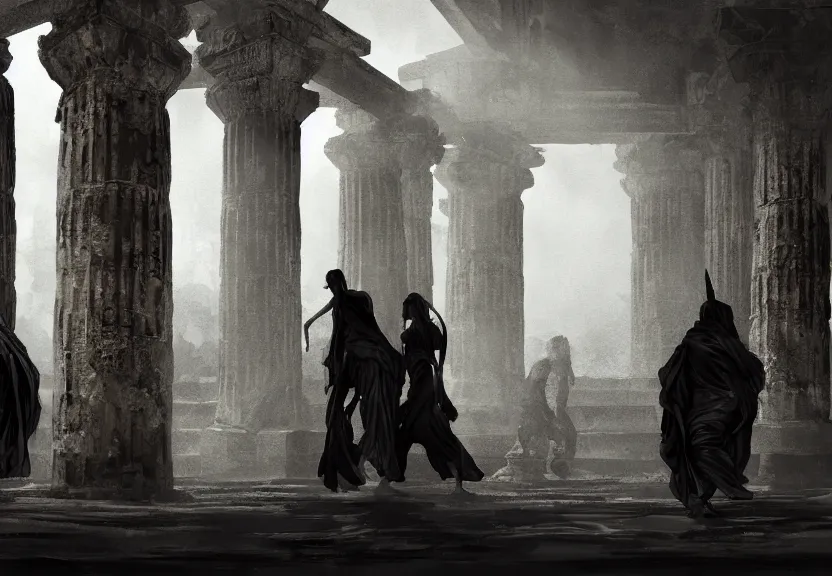 Prompt: painting of the dark figures of four people in an ancient greece scenery, high contrast, concept art, town, temple, pillars, dramatic lighting, digital art, 8 k, extremely detailed, drawn by ruan jia