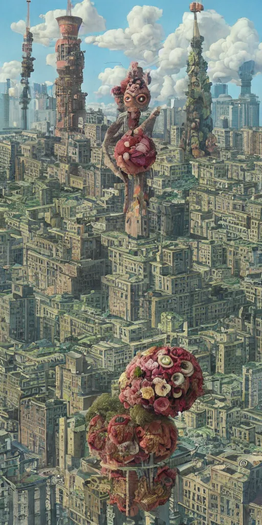 Image similar to giant grotesque flower in the middle of abandoned early soviet constructivist cityscape, Stalinist architecture, ultradetailed by Hayao Miyazaki and Josan Gonzalez and Makoto Shinkai and Giuseppe Arcimboldo and Wes Anderson