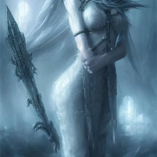 Image similar to ice queen, darkwave, darksynth, concept art, sharp, digital matte painting, art by luis royo, greg rutkowski, wlop, dramatic lighting, trending on artstation