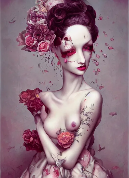 Prompt: pop surrealism, lowbrow art, realistic beautiful seductive girl painting, flowing gown, hyper realism, muted colours, rococo, natalie shau, loreta lux, tom bagshaw, mark ryden, trevor brown style,