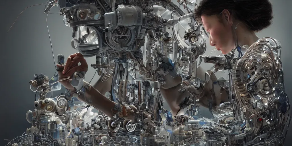 Prompt: hyperrealistic photography of a gorgeous cyborg scientist constructing a poetry machine in the style of Jin Kagetsu, James Jean and wlop, highly detailed, masterpiece, award-winning, sharp focus, intricate concept art, ambient lighting, 8k, artstation