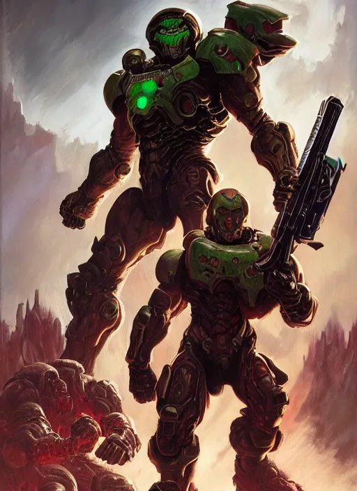 Image similar to ( doom ) cover featuring doom slayer!! by kenneth scott and frank frazetta, artstation, vivid gaze