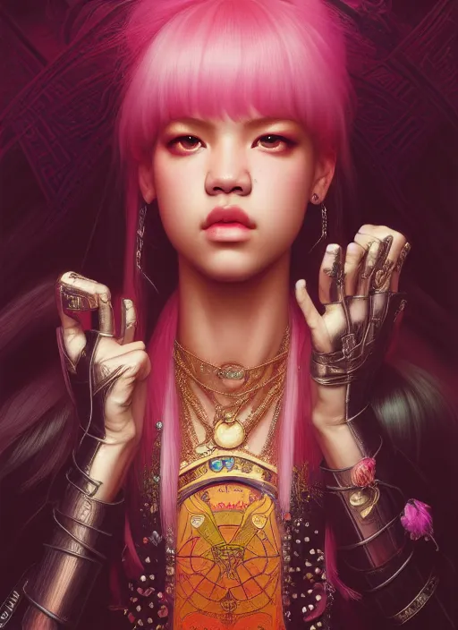 Image similar to jossi of blackpink, queen, tarot card, highly detailed, digital painting, smooth, sharp focus, illustration, ultra realistic, unreal engine, 8 k, art by simon bisley and greg rutkowski and alphonse mucha