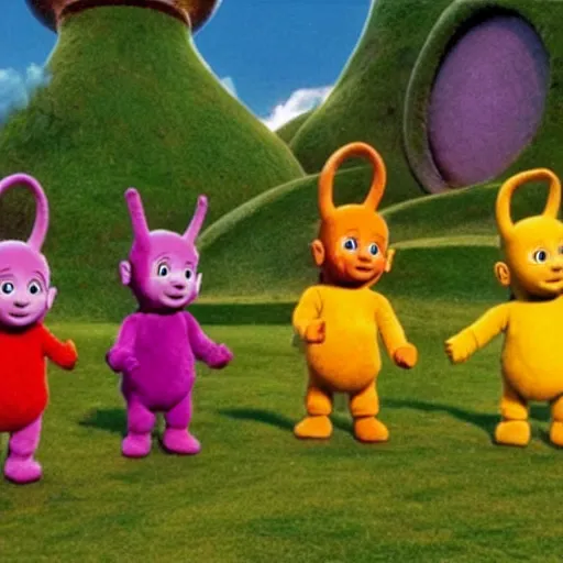 Image similar to A screenshot of the Teletubbies in Lord of the Rings