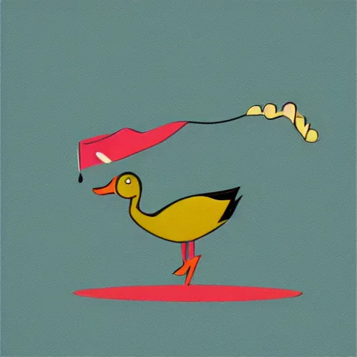 Image similar to duck doing backflip in mid - century illustration style