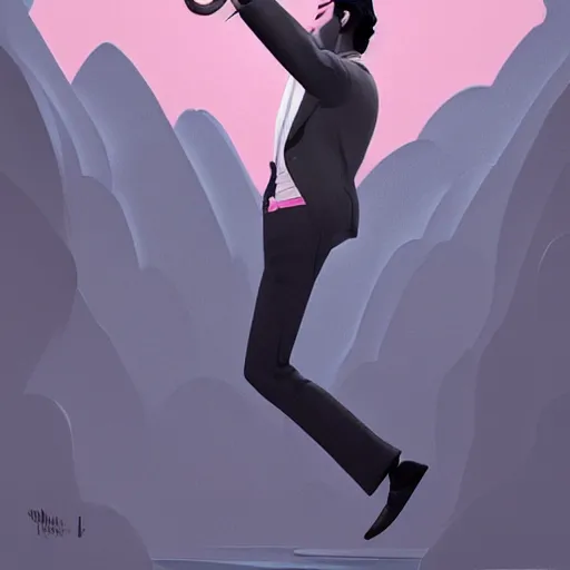 Image similar to a beautiful highly detailed matte painting of elvis presley dancing on stage by atay ghailan, cliff chiang, loish and goro fujita, black, white and pink mystical tones, featured on artstation, featured on behance, grunge aesthetic, spooky
