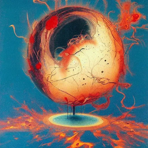 Image similar to a sphere being devoured by abstract splatters of paint in the style of francis bacon, venus being engulfed in flames in the style of james jean, surreal, beksinski, high detailed